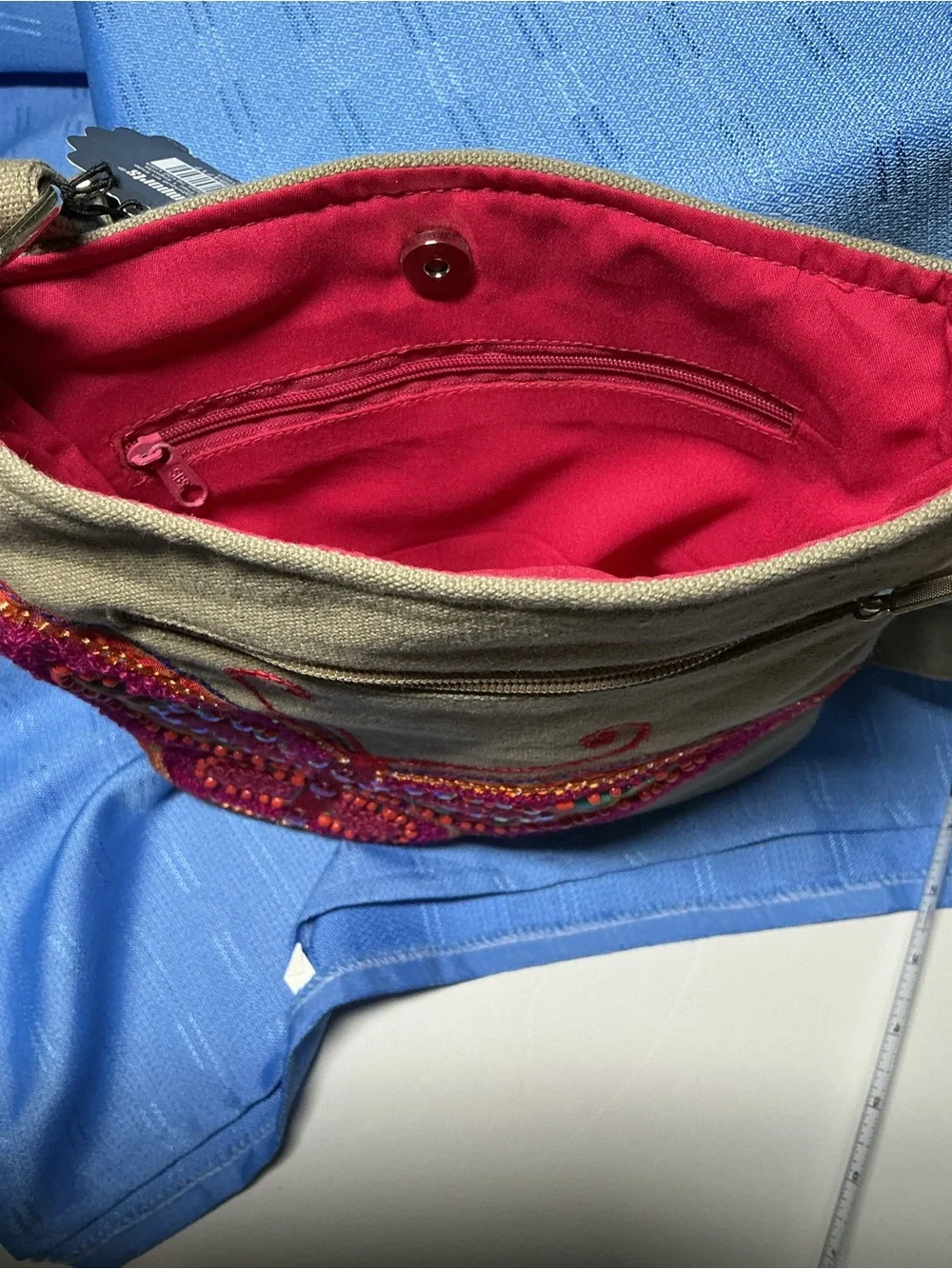 Pier 1 Butterfly Embroidered Crossbody Bag - Beige with Pink & Orange Accents